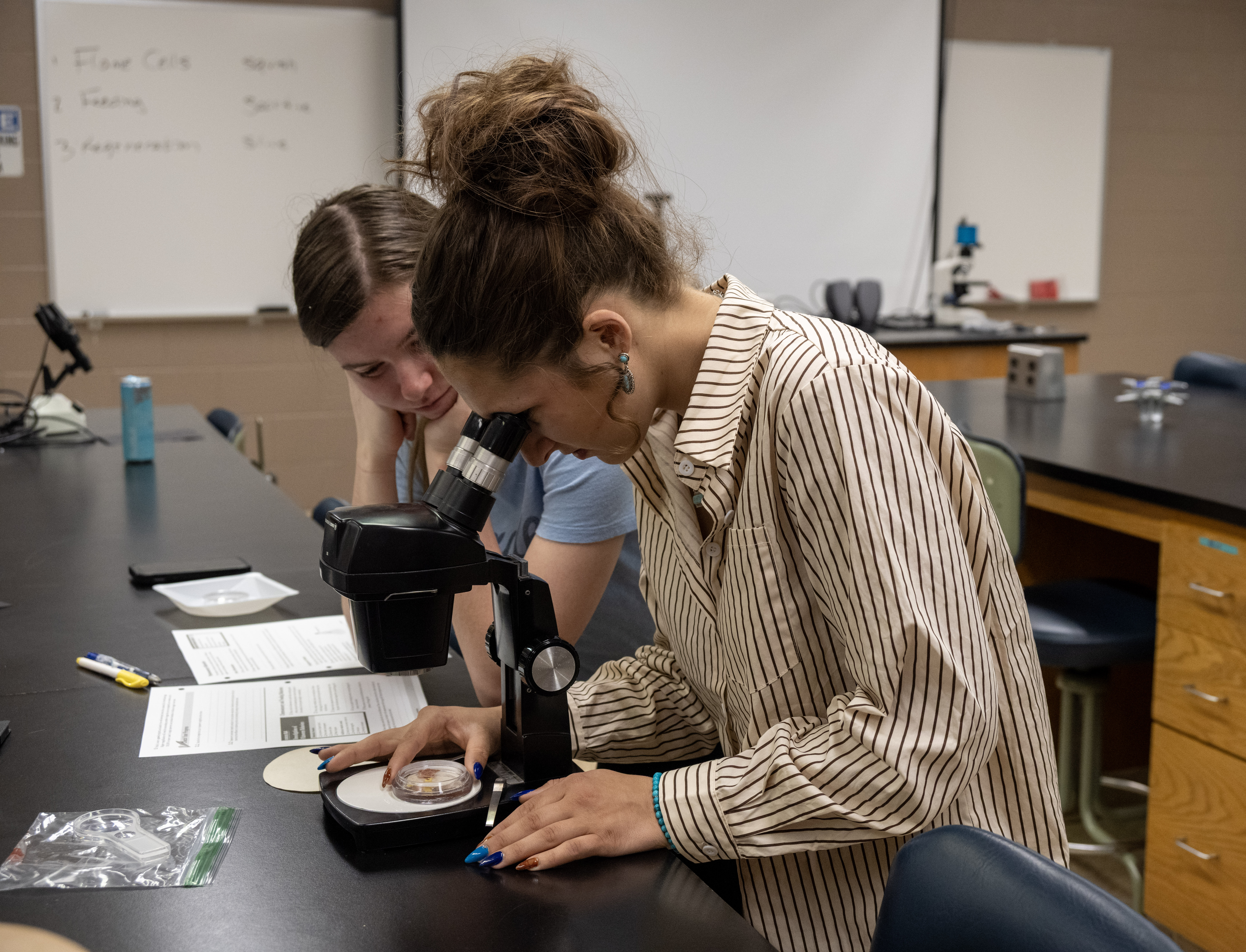 Students examine a specimen using a microscope in a science lab.